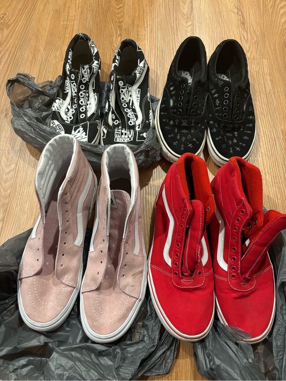 Vans High-Top Sneakers.                         n Red, Pink, Black, and White